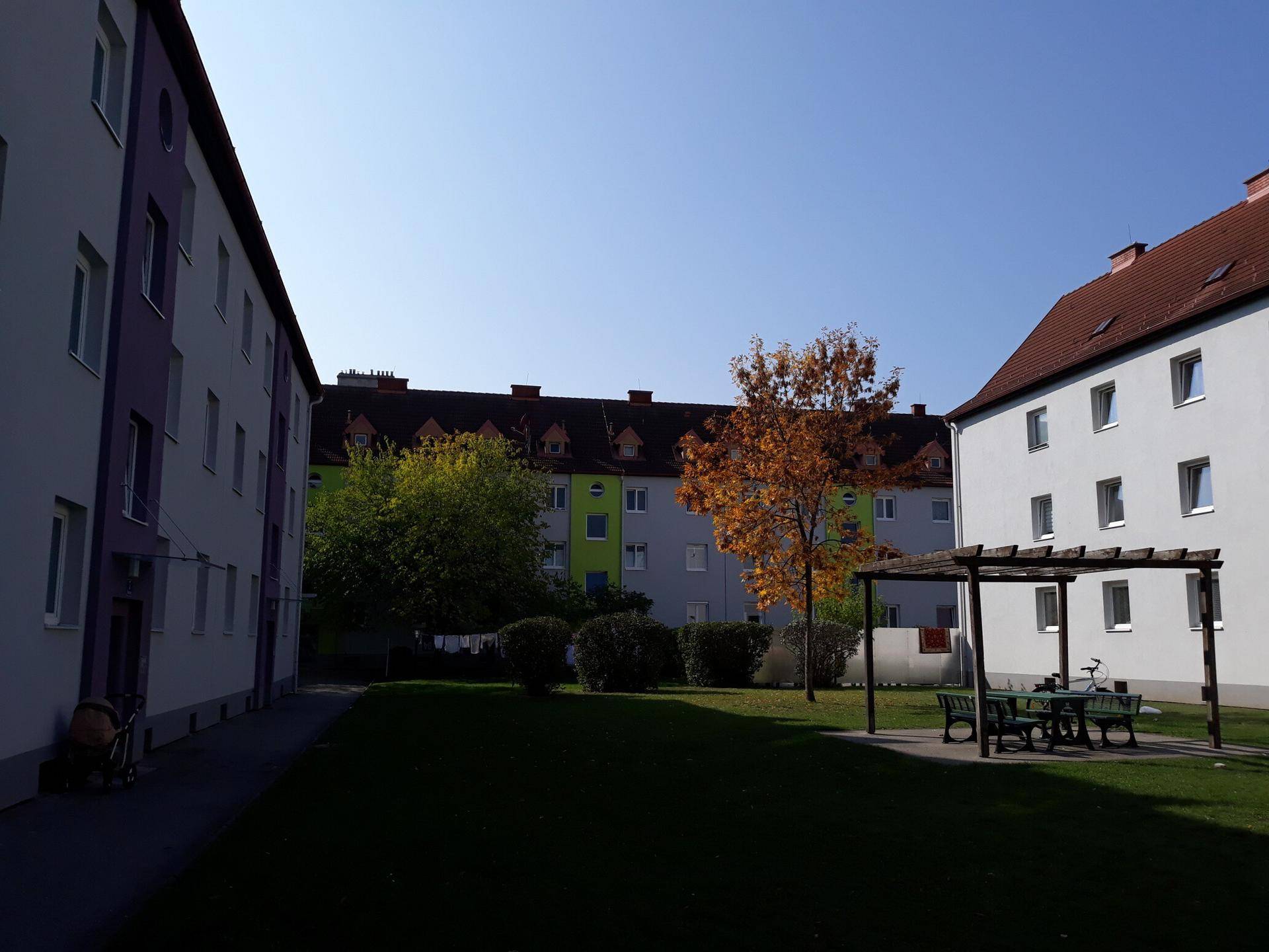 Grüner Innenhof zwischen Wohngebäuden mit Rasen, Bäumen und einer Pergola mit Sitzgelegenheiten.