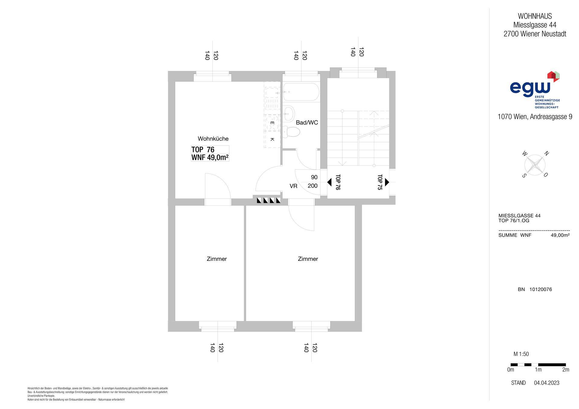 Grundriss einer Wohnung mit Wohnküche, Bad/WC und zwei Zimmern, inklusive Maßangaben.