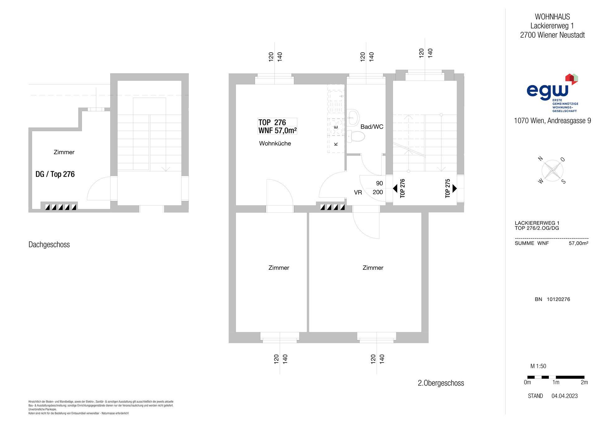Grundriss einer Dachgeschosswohnung mit Wohnküche, zwei Zimmern und Bad/WC.