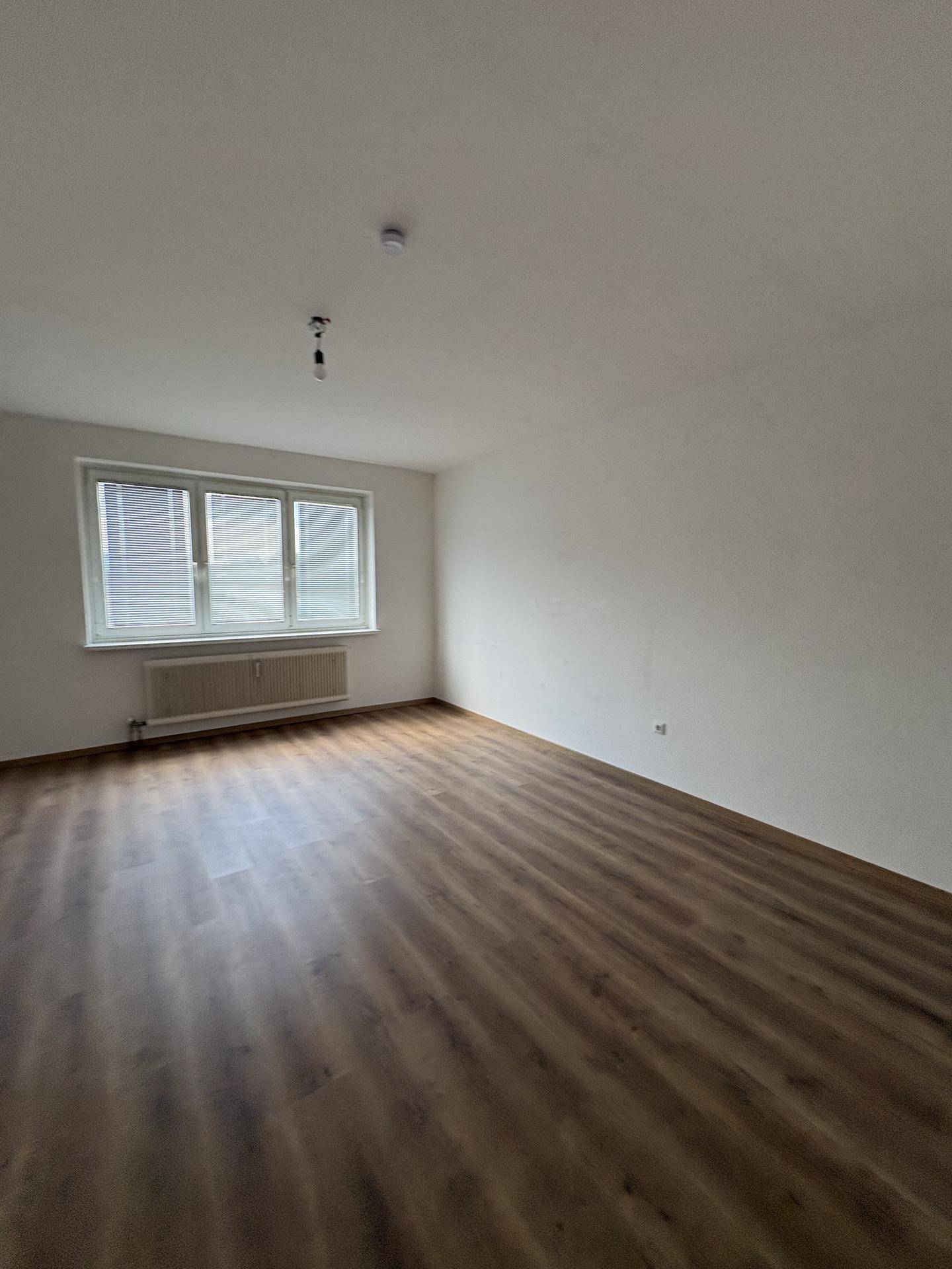 Geräumiges Zimmer mit Laminatboden und großen Fenstern, bereit zur individuellen Gestaltung.