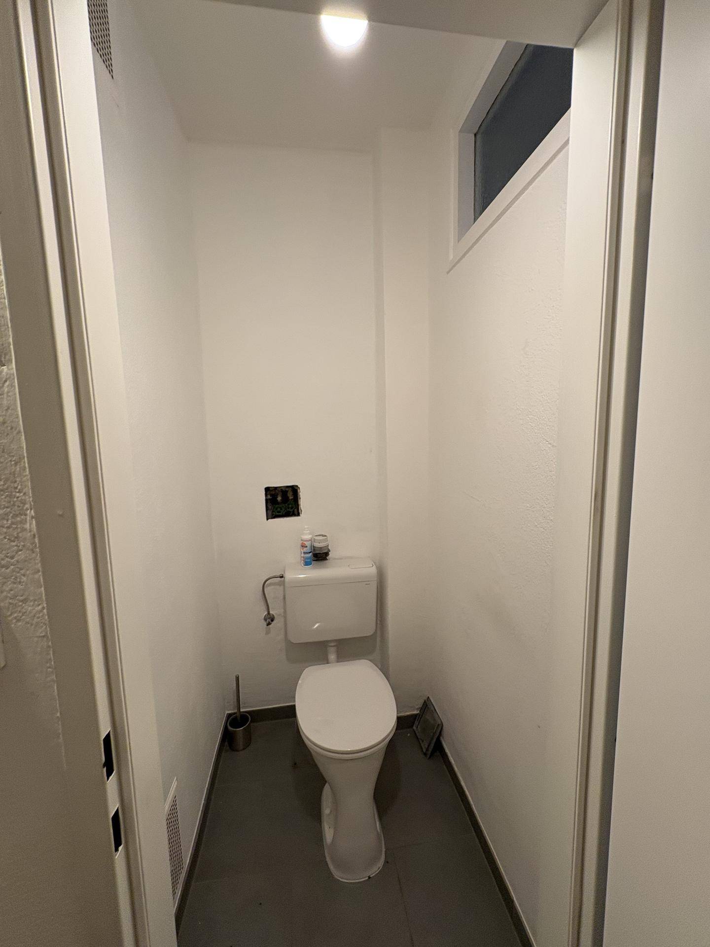 Separates WC mit Toilette und kleinem Fenster für Belüftung.