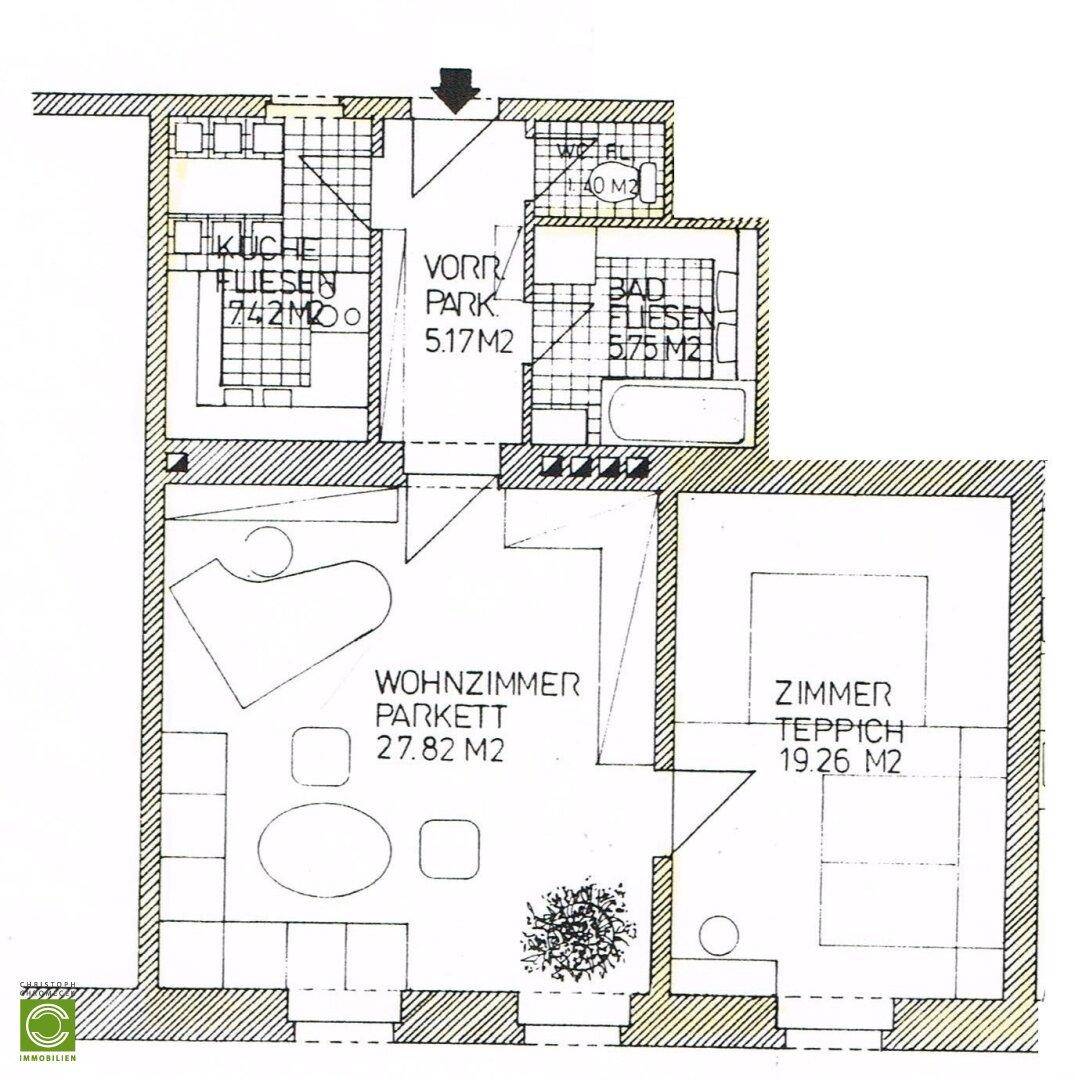 Grundrissplan mit Aufteilung in Küche, Wohnzimmer, Schlafzimmer und Bad.