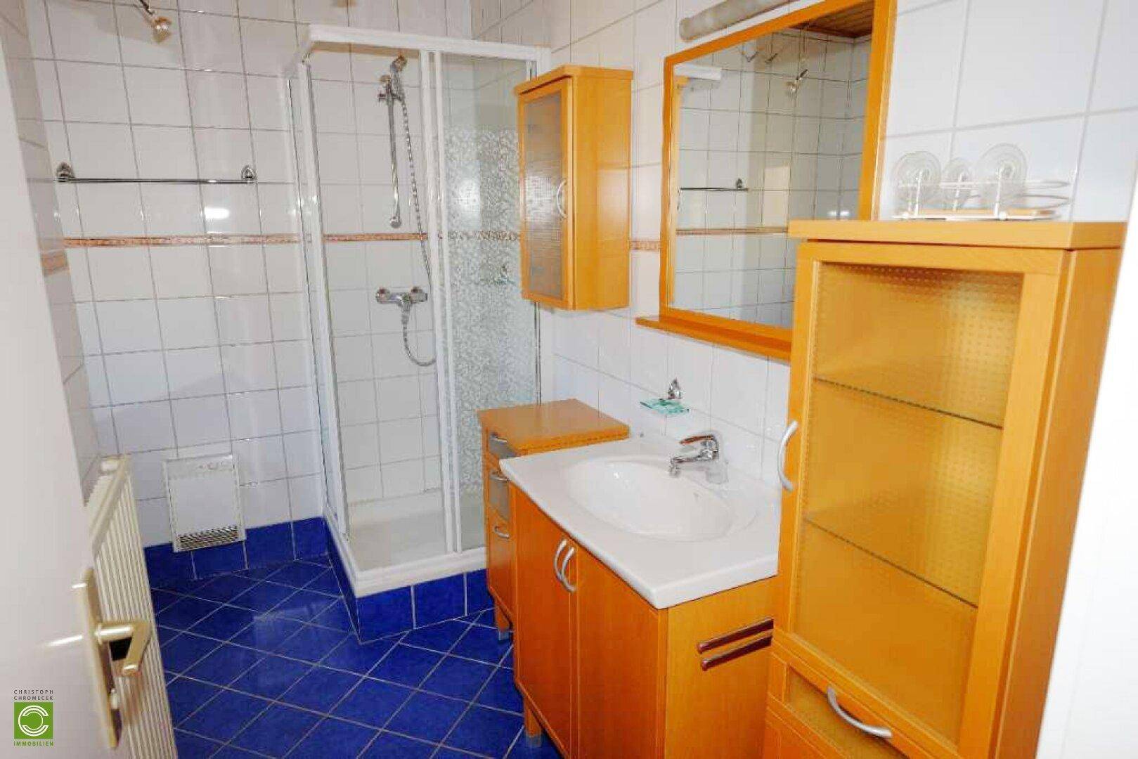 Badezimmer mit blauen Fliesen, Dusche und Waschbecken, ausgestattet mit Holzschränken und Spiegel.