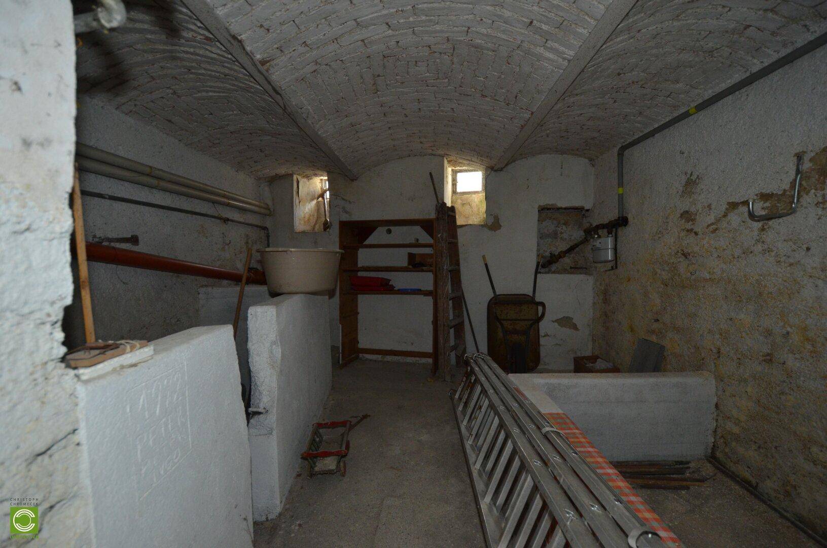 Historischer Gewölbekeller mit Ziegeldecke und kleinen Fenstern, ideal zur Lagerung.