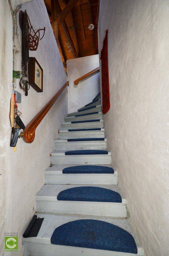 Treppenhaus mit Holzgeländer und blauen Teppichstufen, führt in die oberen Etagen.