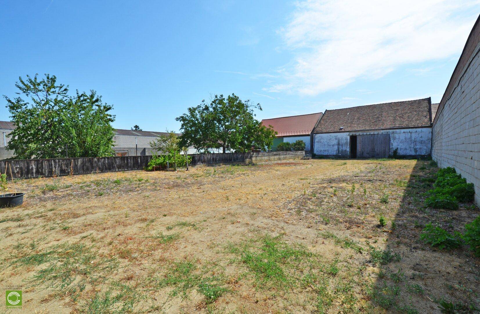Weitläufiges, trockenes Gartengrundstück mit Blick auf weitere Gebäude und Bäume in der Umgebung.