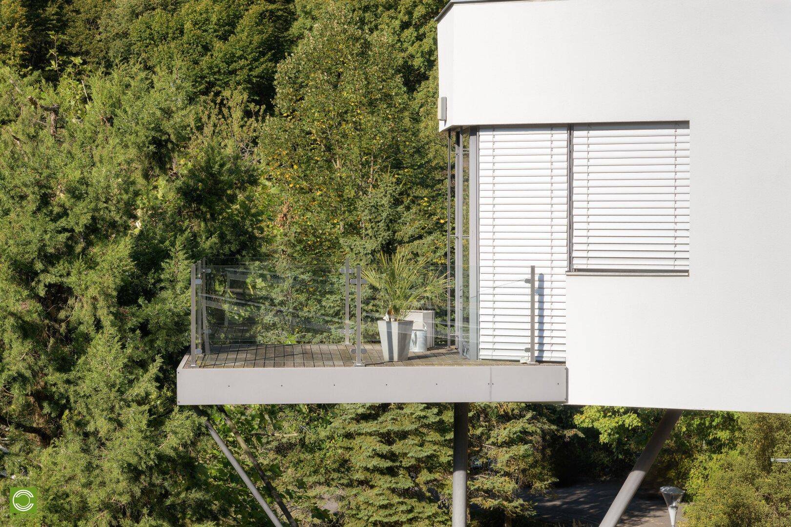 Kleiner, moderner Balkon mit Glasgeländer und Blick ins Grüne, ideal für Pflanzen.