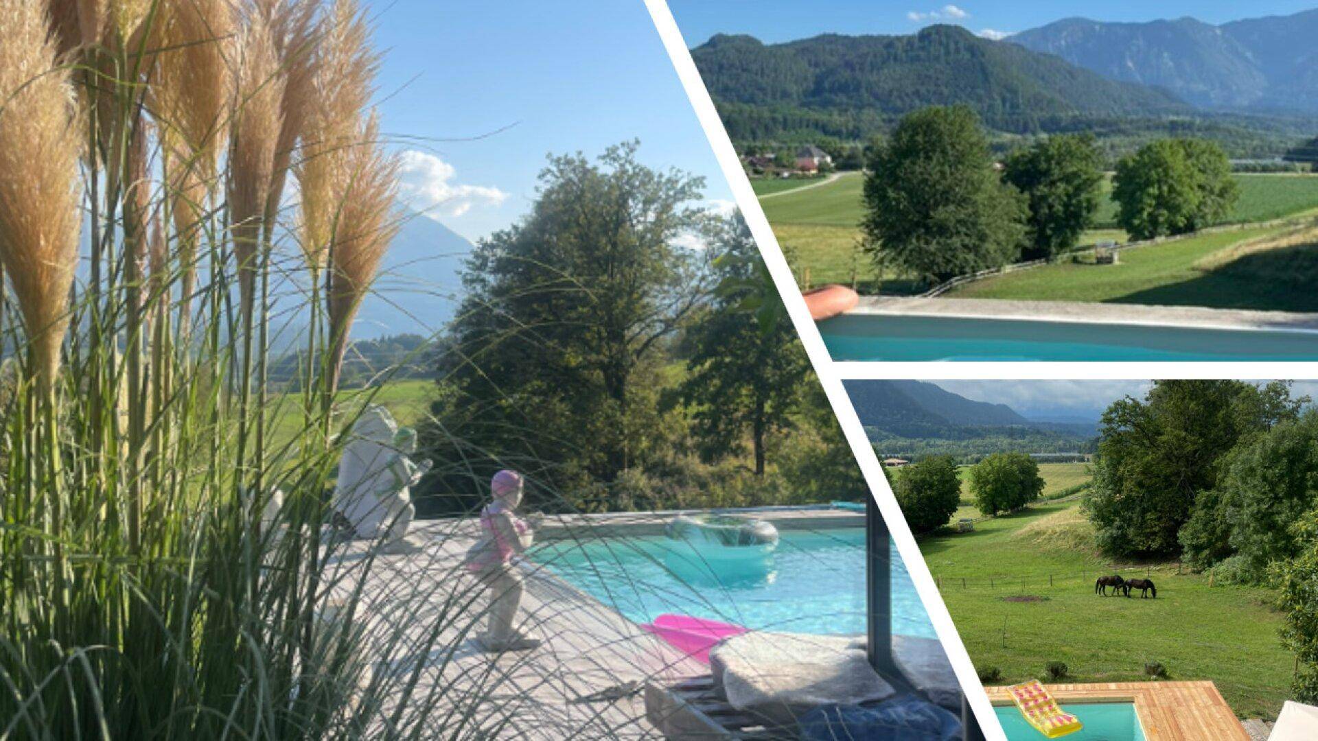 Außenpoolbereich mit Holzdeck, umgeben von grüner Landschaft und beeindruckendem Bergblick.