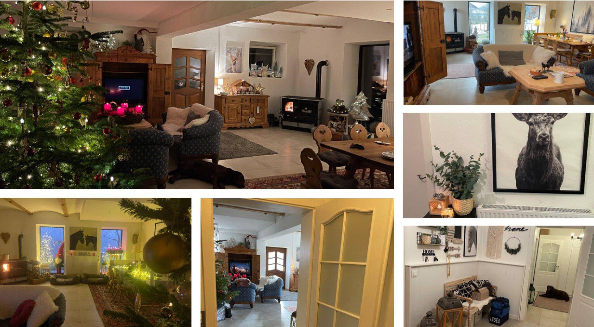 Gemütliches Wohnzimmer im alpinen Stil mit Kachelofen, Holzelementen und festlicher Dekoration.