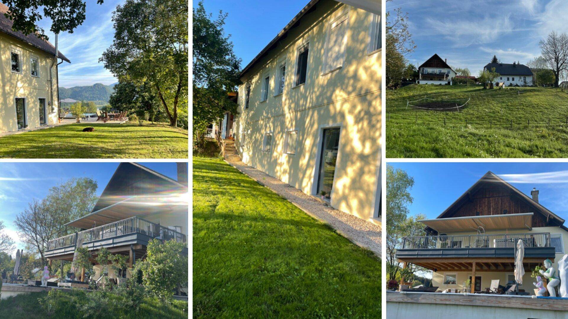 Verschiedene Ansichten des Hauses und des weitläufigen Gartens mit Balkon und ländlicher Umgebung.