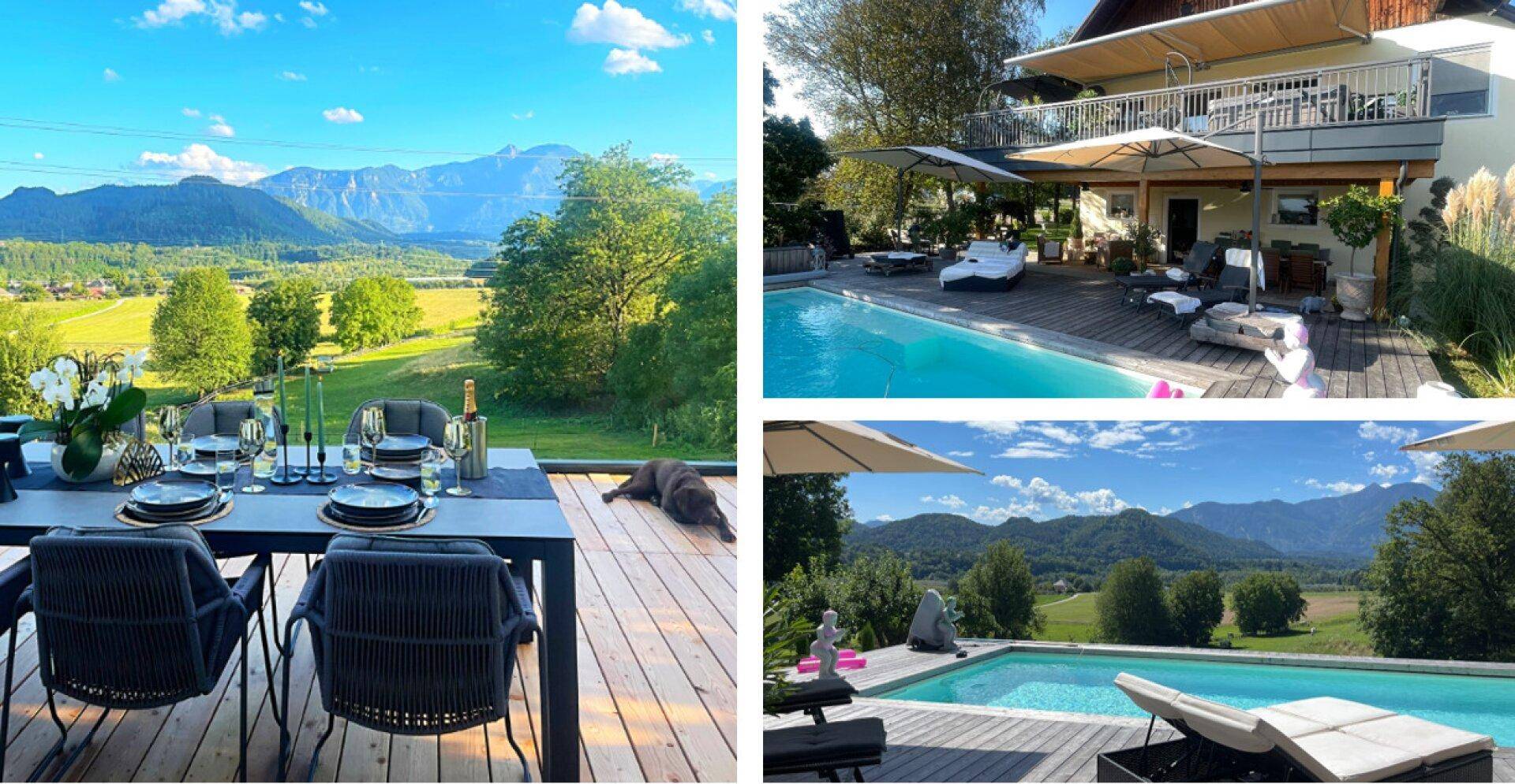 Elegante Außenterrasse mit Esstisch, Pool und atemberaubendem Blick auf die umliegende Berglandschaft.