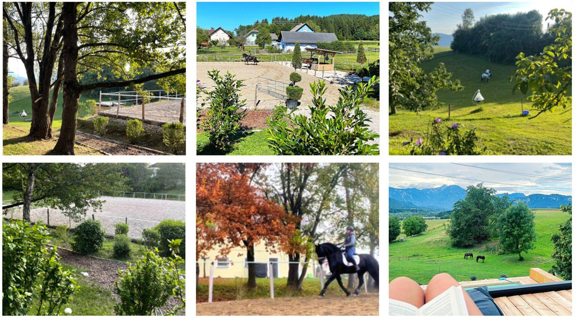 Verschiedene Ansichten der Reitanlage und der umliegenden Landschaft mit Feldern und Bergen.