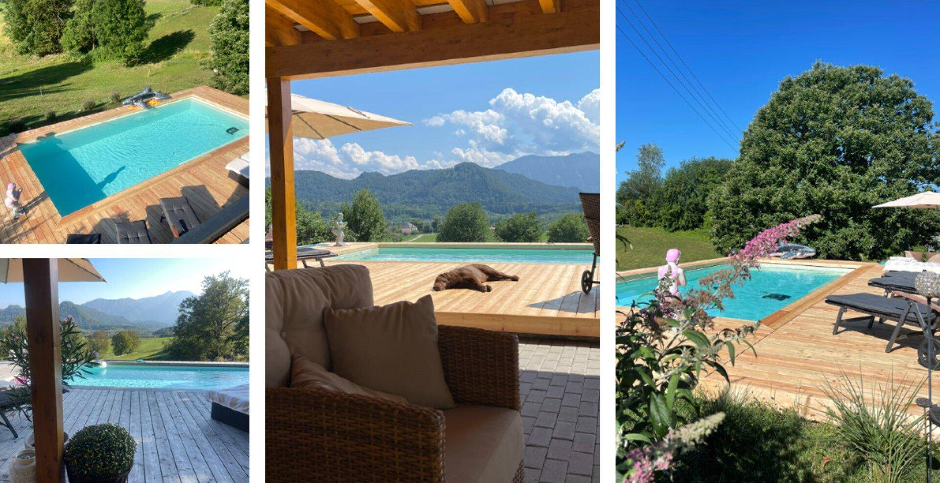 Luxuriöser Poolbereich mit Holzdeck, überdachter Lounge und Panoramablick auf die Berge.