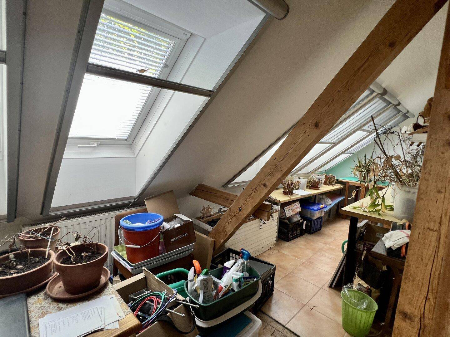 Dachzimmer mit schrägen Decken, Dachfenstern, sichtbaren Holzbalken und vielen gelagerten Gegenständen.