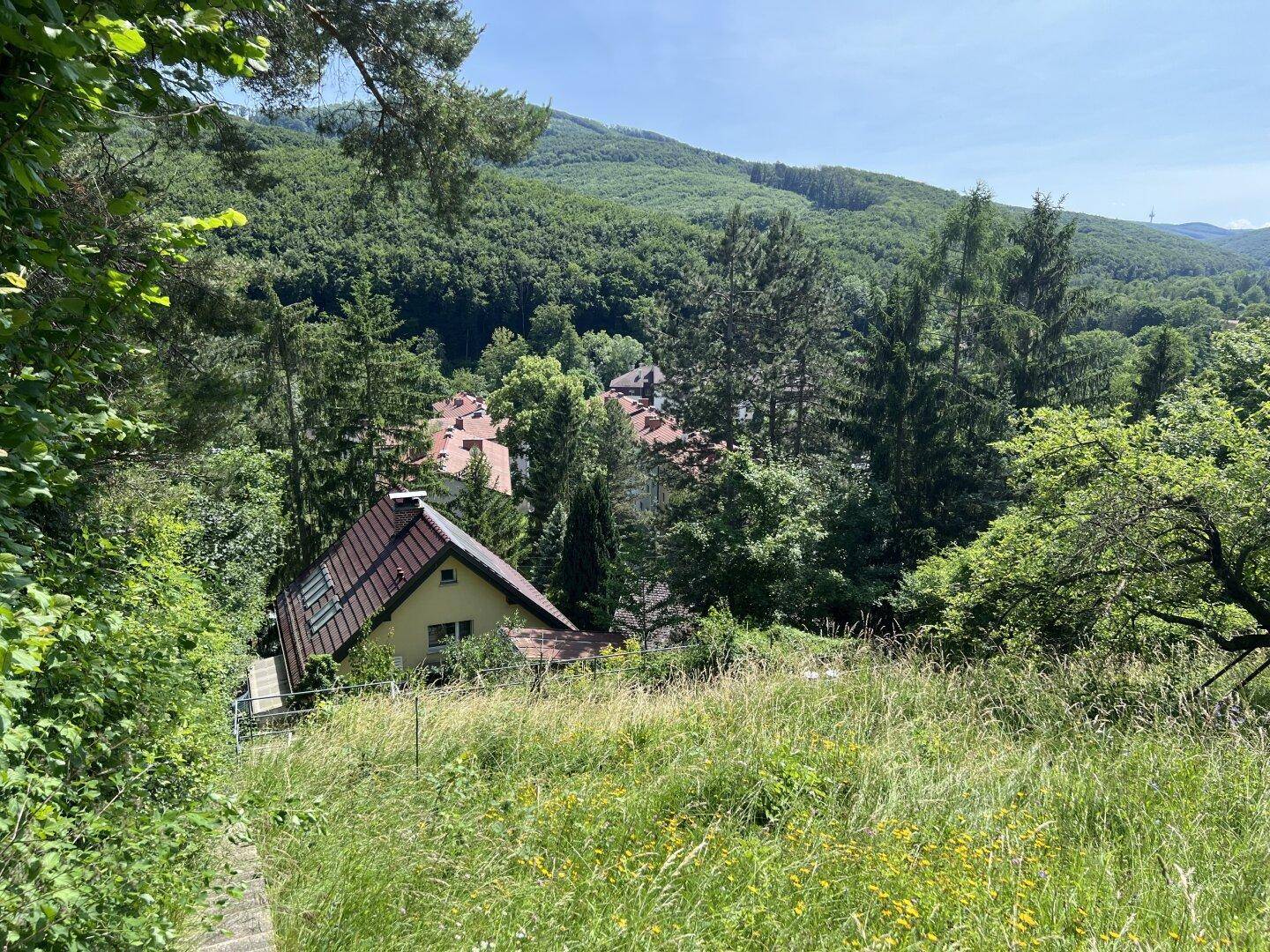 Panoramablick auf ein Haus mit rotem Dach, eingebettet in eine grüne Hügellandschaft.