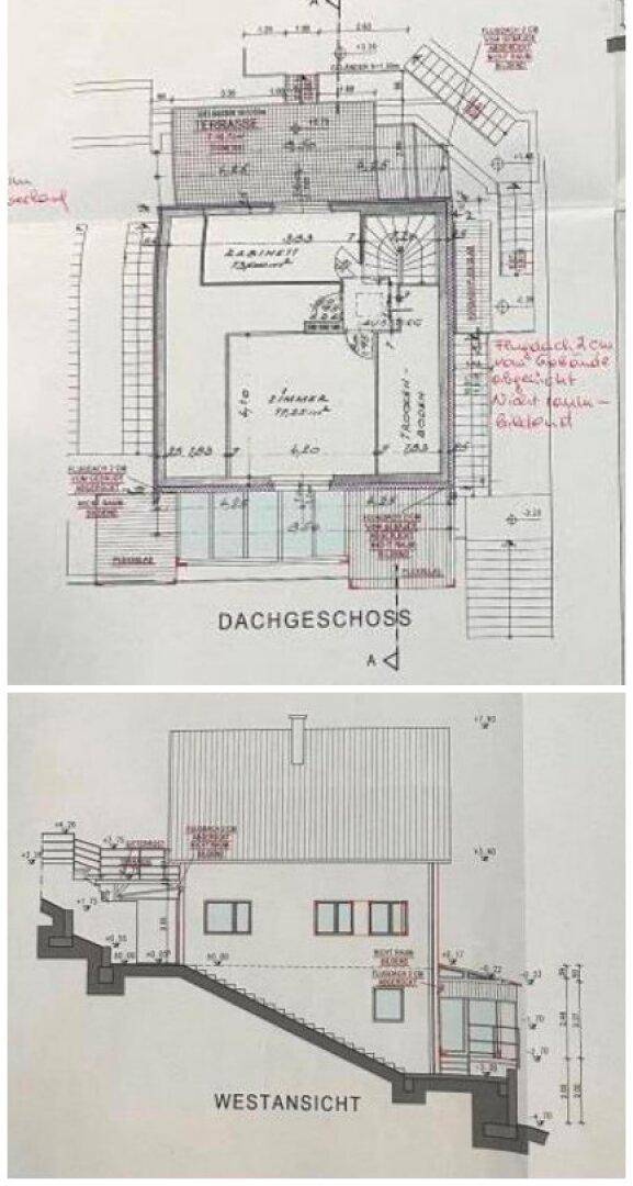 Grundriss des Dachgeschosses und Westansicht des Gebäudes mit Fensterdetails.