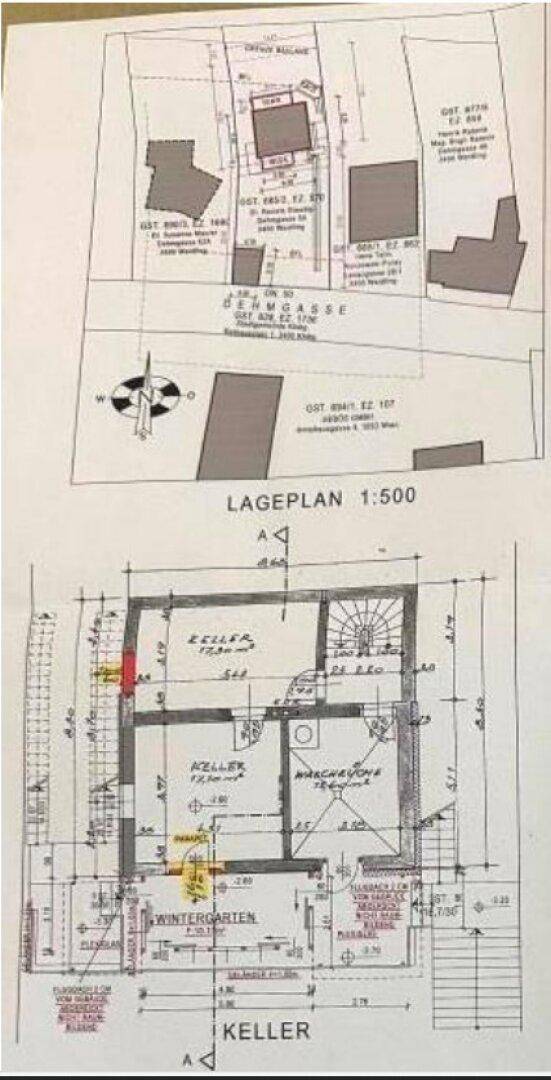 Lageplan des Grundstücks und Grundriss des Kellers mit Wintergarten und Kellerräumen.