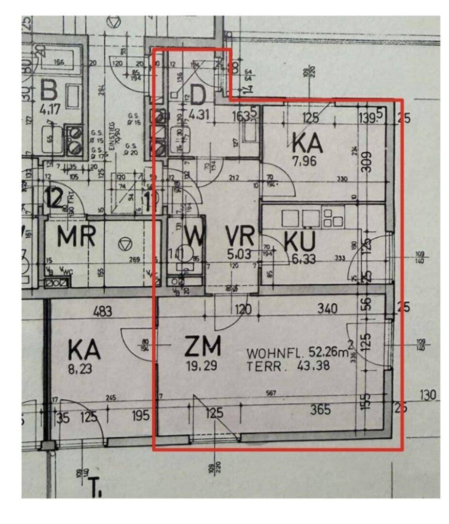 Detaillierter Grundriss einer Wohnung mit Wohnfläche von 52,26m² und Terrasse von 43,38m².