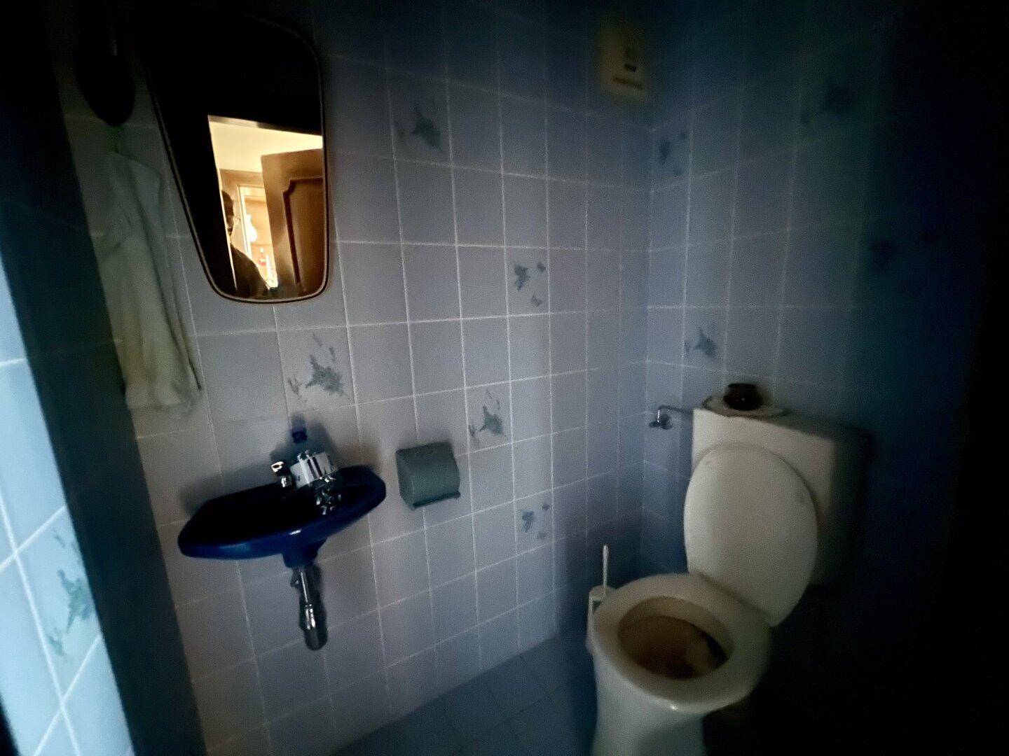 Kleines WC mit blauen Fliesen, Toilette und einem kompakten blauen Waschbecken.