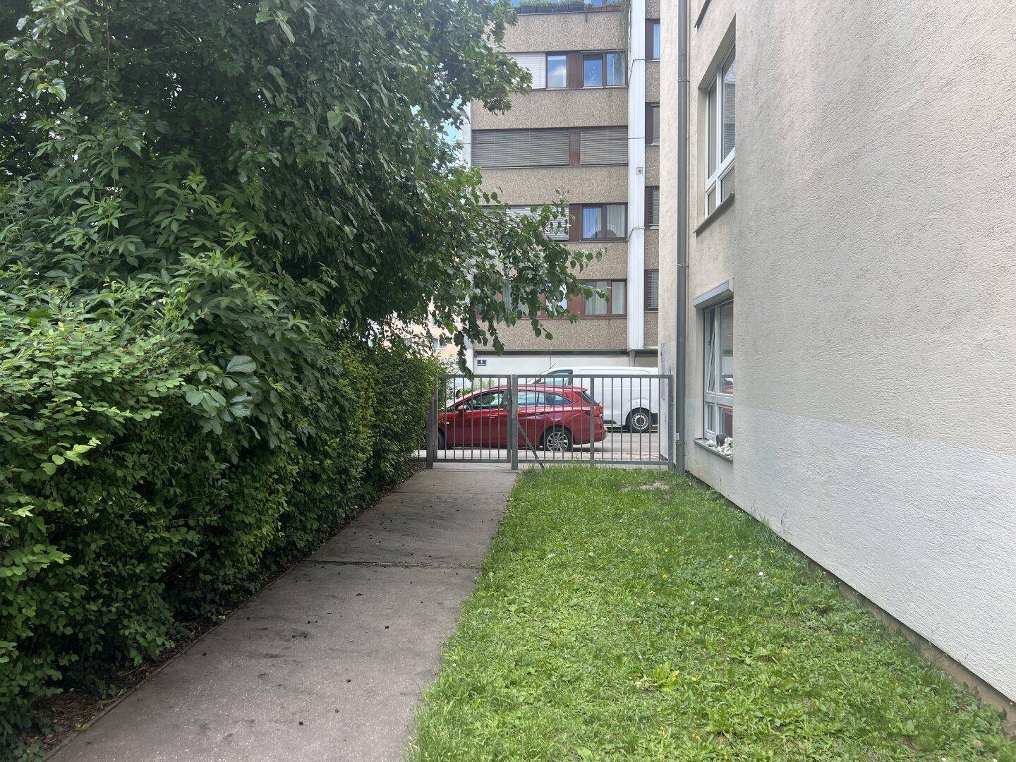 Weg entlang einer Hecke mit Blick auf ein Tor und ein dahinter geparktes Auto.
