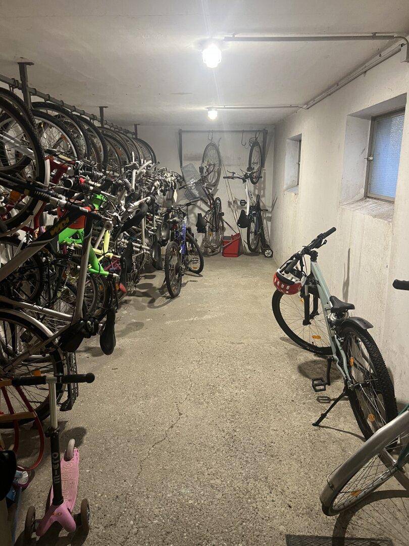 Geräumiger Fahrradraum im Keller mit vielen Fahrrädern und kleinen Fenstern.