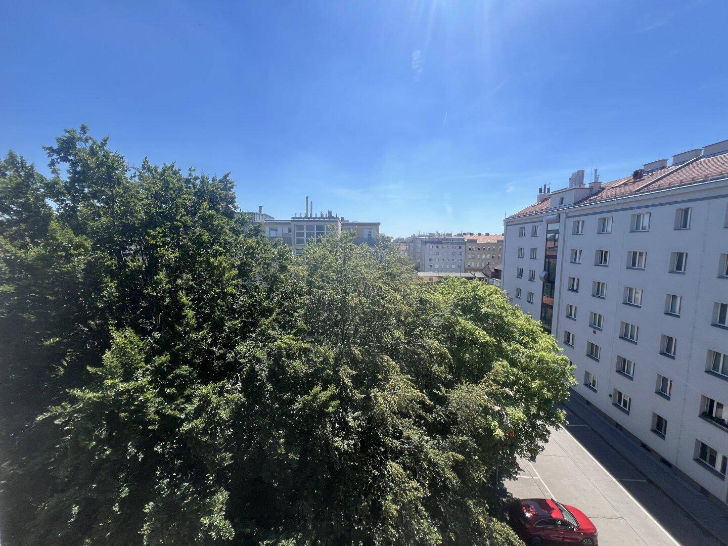 Weitblick über grüne Baumwipfel und städtische Gebäude unter einem klaren blauen Himmel.