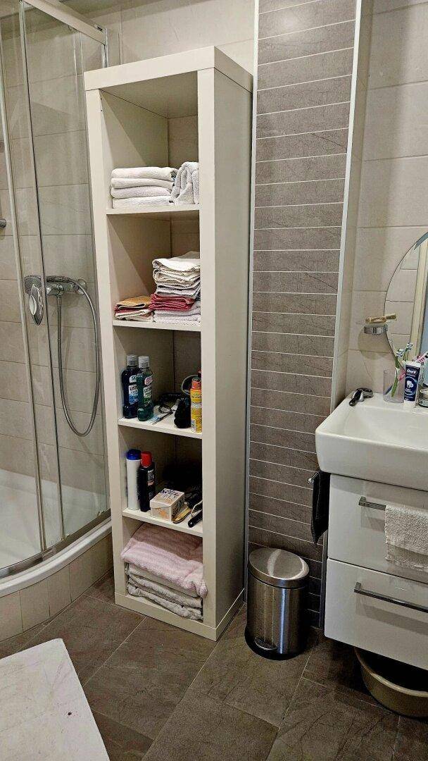 Modernes Badezimmer mit Dusche, Waschbecken und praktischem Hochschrank für Handtücher.