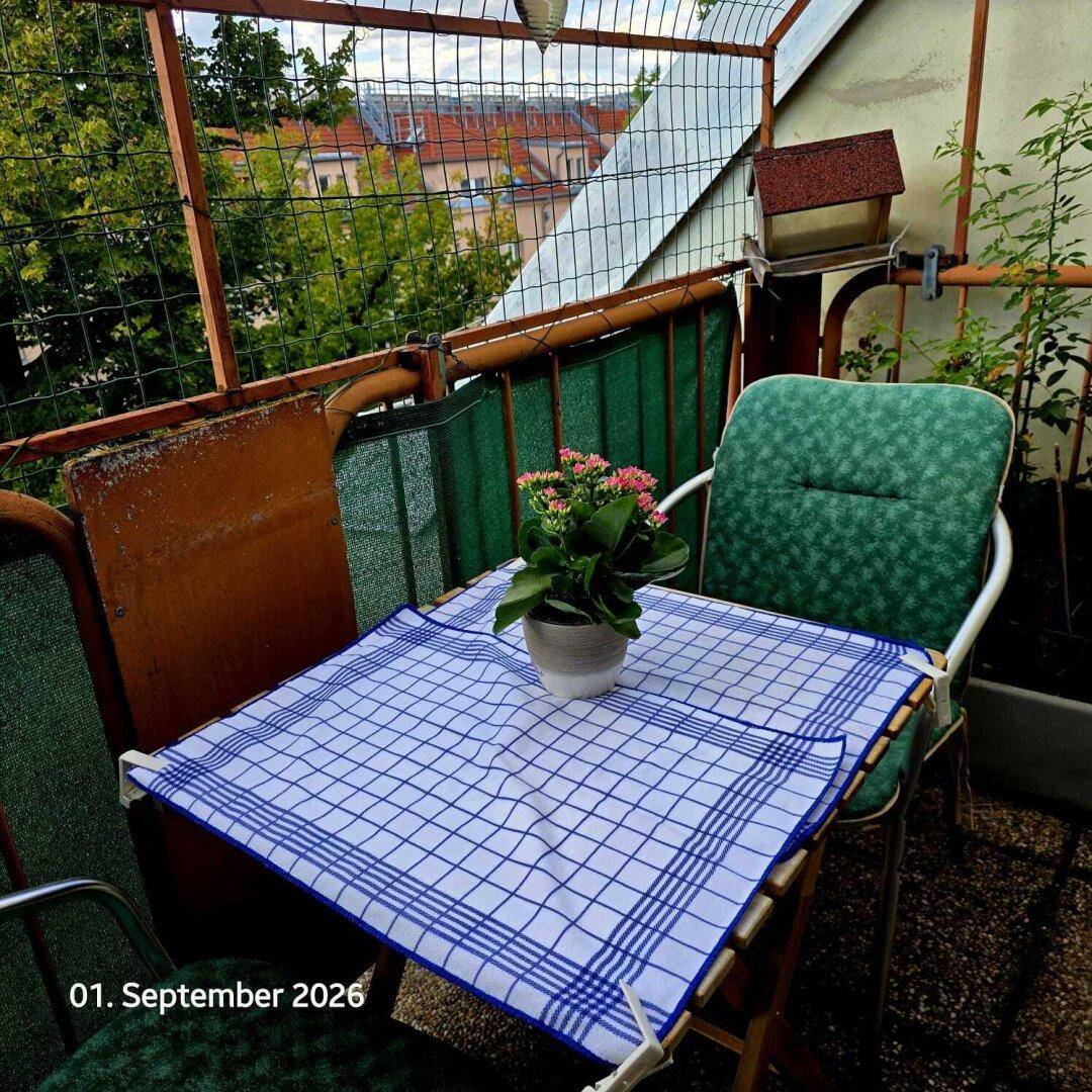 Detailansicht des Balkons mit einem kleinen Tisch, einer Topfpflanze und einem karierten Tischtuch.
