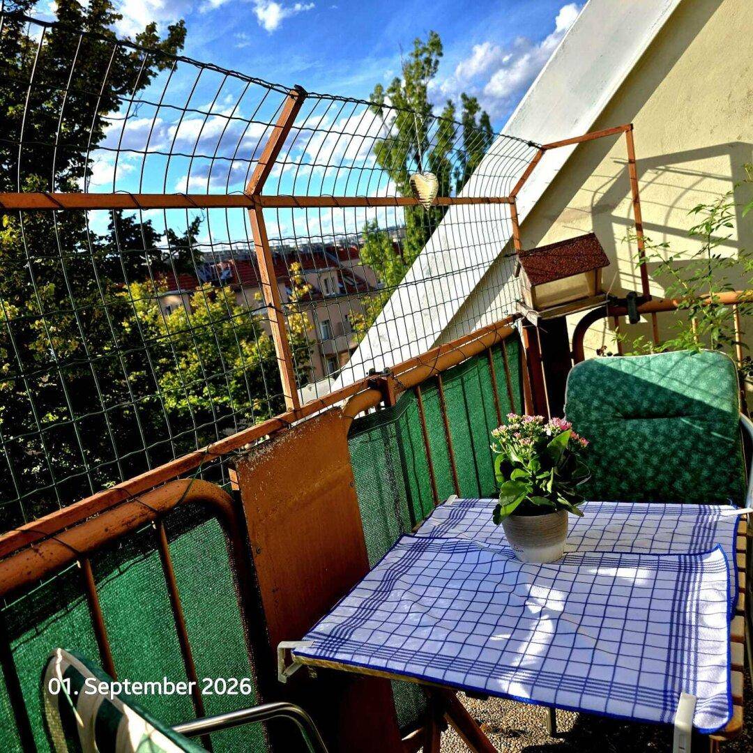 Gemütlicher Balkon mit kleinem Tisch, Stuhl und Topfpflanze, ideal für entspannte Stunden im Freien.