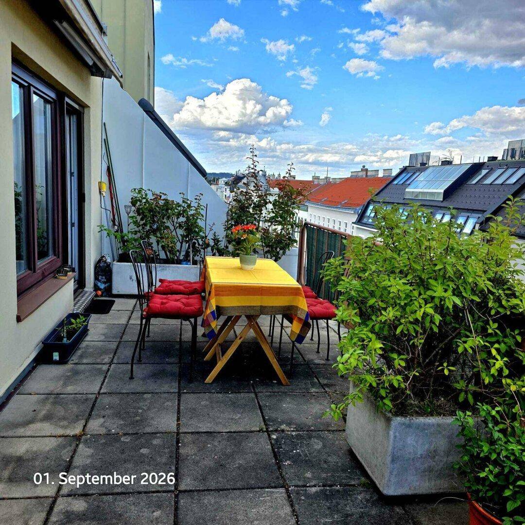 Weitläufige Dachterrasse mit Essbereich und vielen Pflanzen, ideal für sonnige Tage über den Dächern.