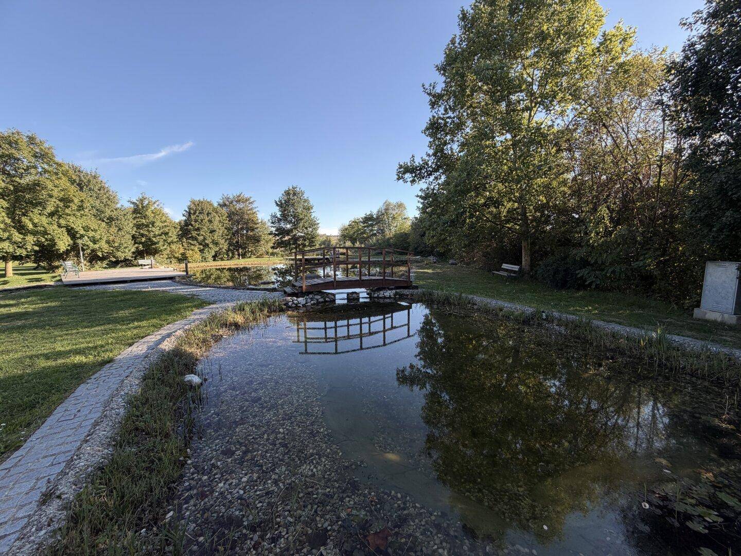 Panoramablick auf mehrere Teiche, verbunden durch eine kleine Holzbrücke, umgeben von Grünflächen.