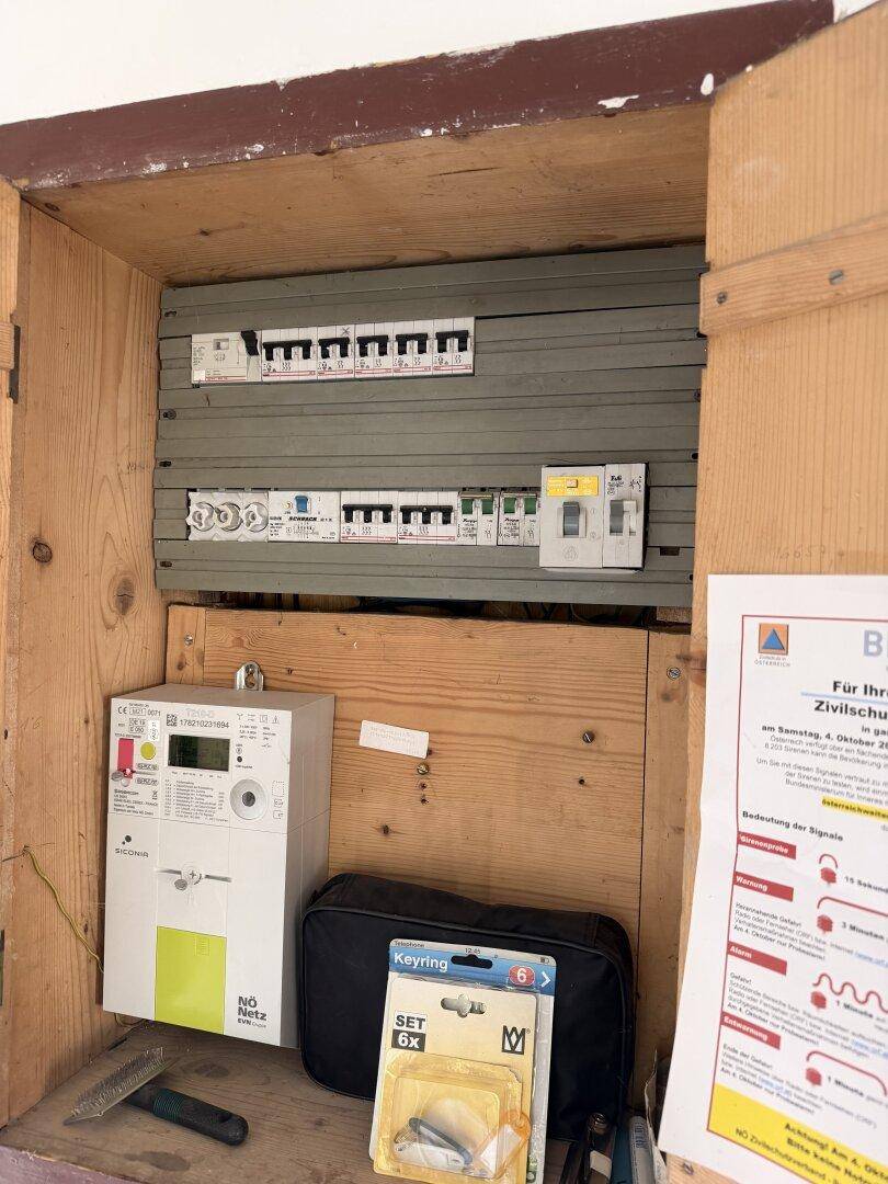 Elektrischer Sicherungskasten und Zähler in einem Holzschrank, mit Hinweisen zur Zivilverteidigung.