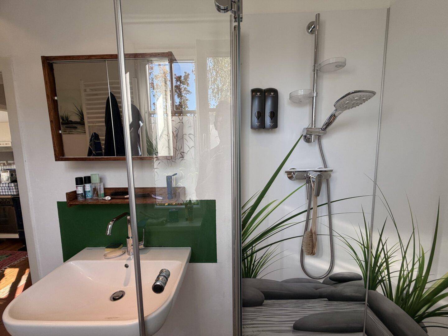 Duschkabine mit dekorativer Rückwand und modernem Waschbecken im Badezimmer.