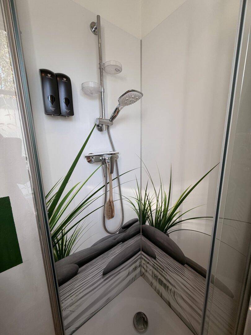 Detailansicht der Duschkabine mit moderner Armatur und dekorativer Stein- und Pflanzenrückwand.