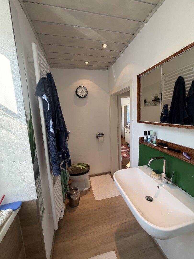 Funktionales Badezimmer mit Toilette, Waschbecken, beheiztem Handtuchhalter und Spiegelschrank.