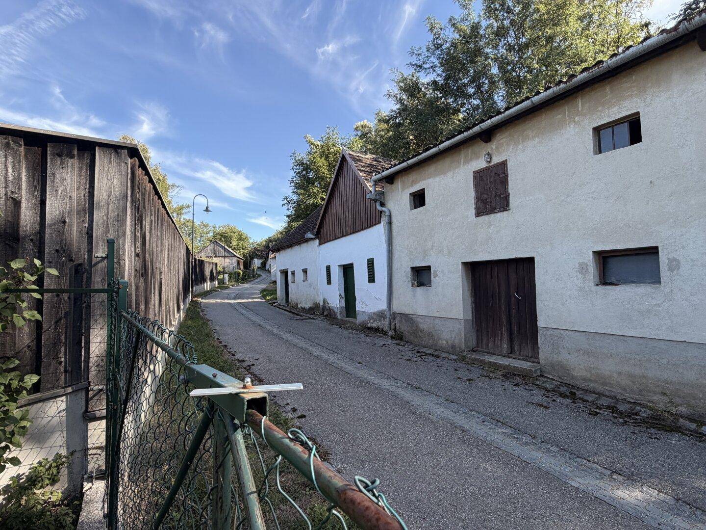 Ländliche Gasse mit traditionellen Häusern und Holztoren unter einem bewölkten Himmel.