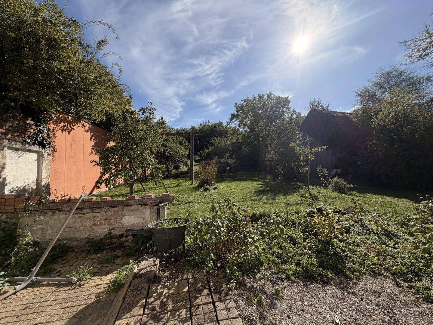 Sonniger Gartenbereich mit Bäumen, Sträuchern und einer kleinen Terrasse im Vordergrund.