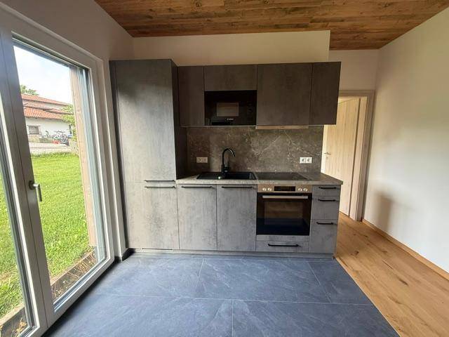 Moderne Einbauküche in Grau mit Induktionskochfeld, Backofen und integriertem Kühlschrank, mit Gartenzugang.