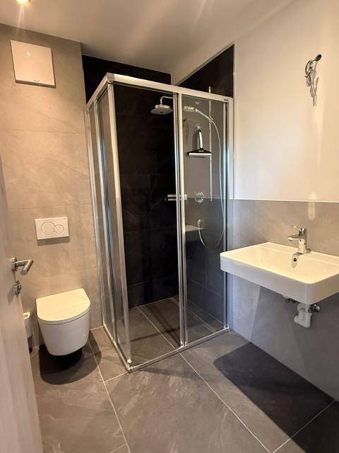 Modernes Badezimmer mit grauen Fliesen, Duschkabine, wandhängendem WC und Einzelwaschbecken.