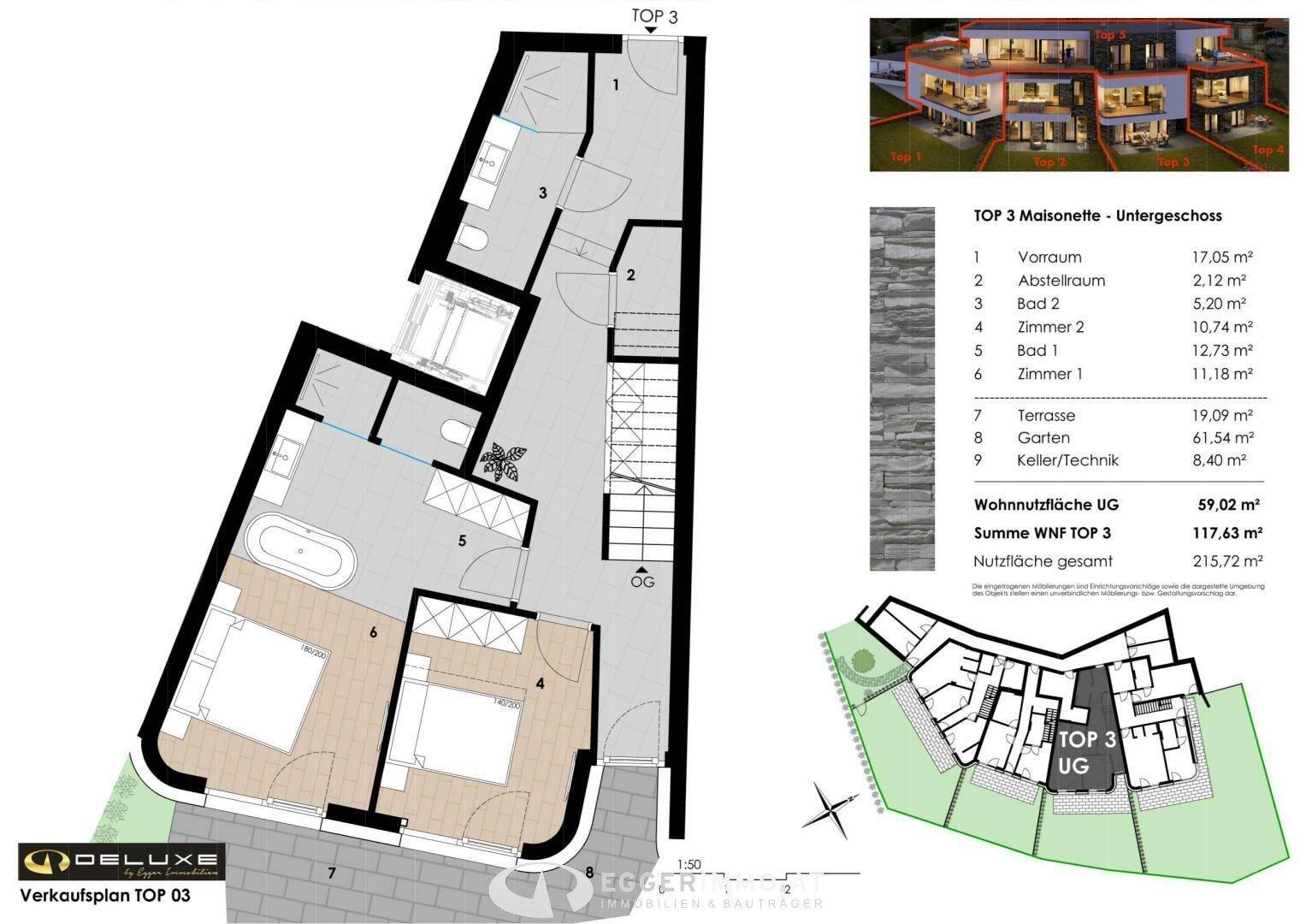 Grundriss des Untergeschosses der Maisonette mit zwei Schlafzimmern, Bad, Terrasse und Garten.
