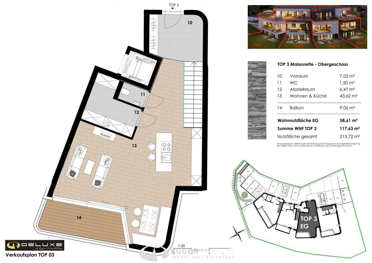 Grundriss des Obergeschosses der Maisonette mit offenem Wohn- und Küchenbereich sowie Balkon.