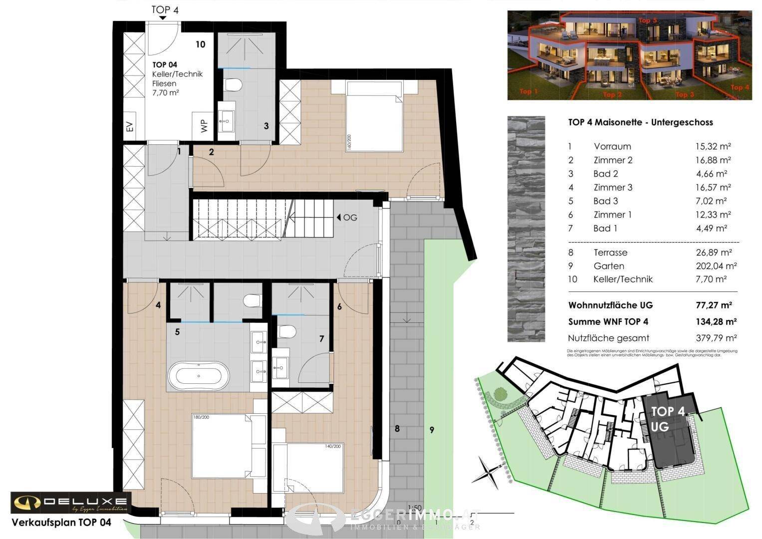 Grundriss des Untergeschosses einer Maisonette-Wohnung mit mehreren Schlafzimmern, Bädern, Terrasse und Garten.