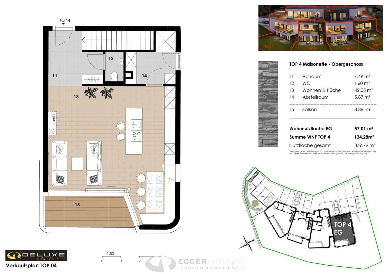 Grundriss des Obergeschosses einer Maisonette-Wohnung mit offenem Wohn- und Küchenbereich sowie Balkon.
