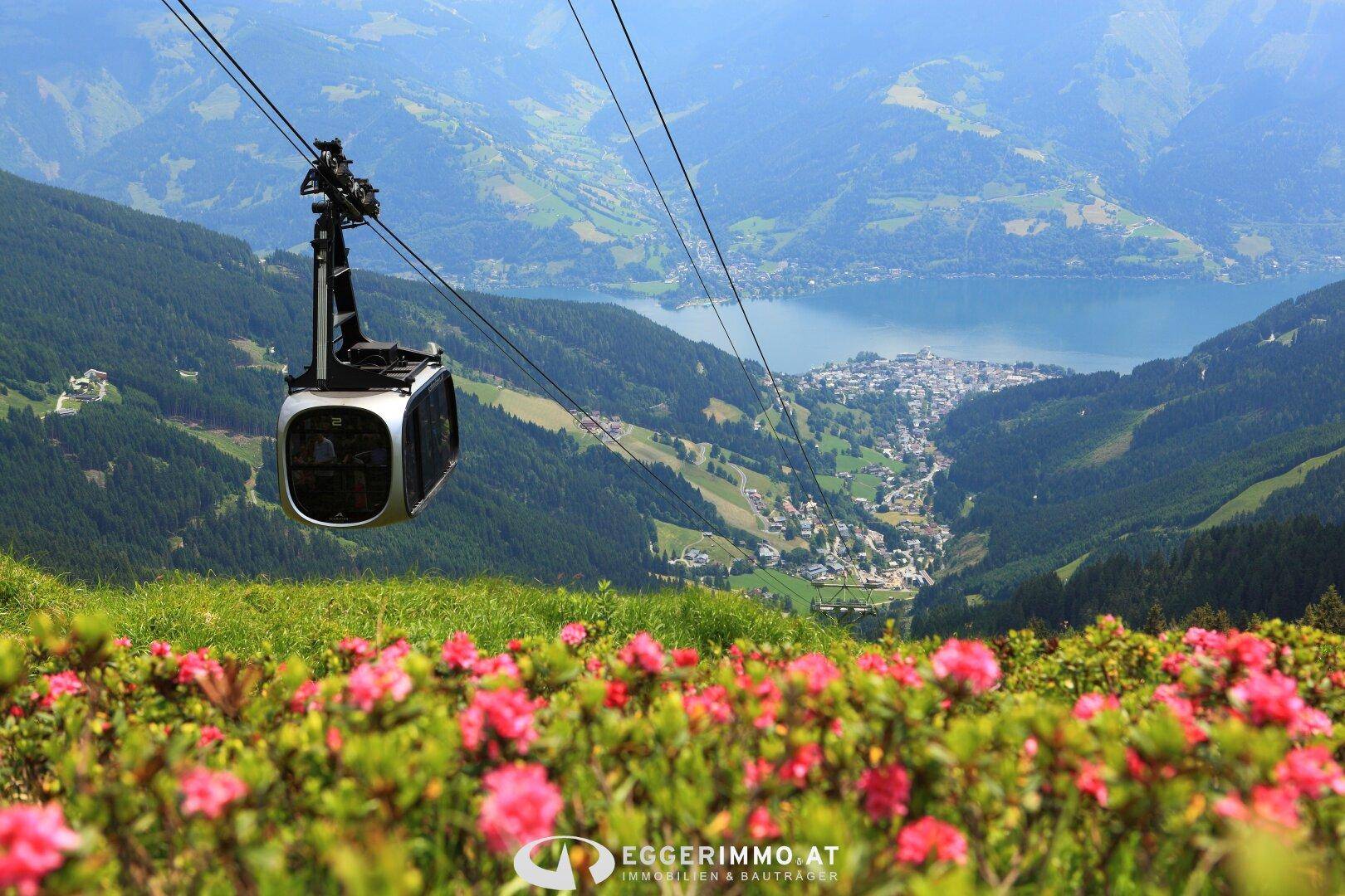 Gondelbahn über einer blühenden Berglandschaft mit See und Stadt im Tal.