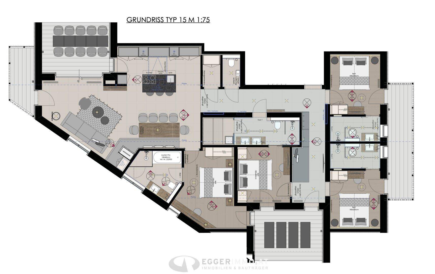 Detaillierter Grundriss einer Wohnung mit mehreren Schlafzimmern, Bädern und offenem Wohnbereich.