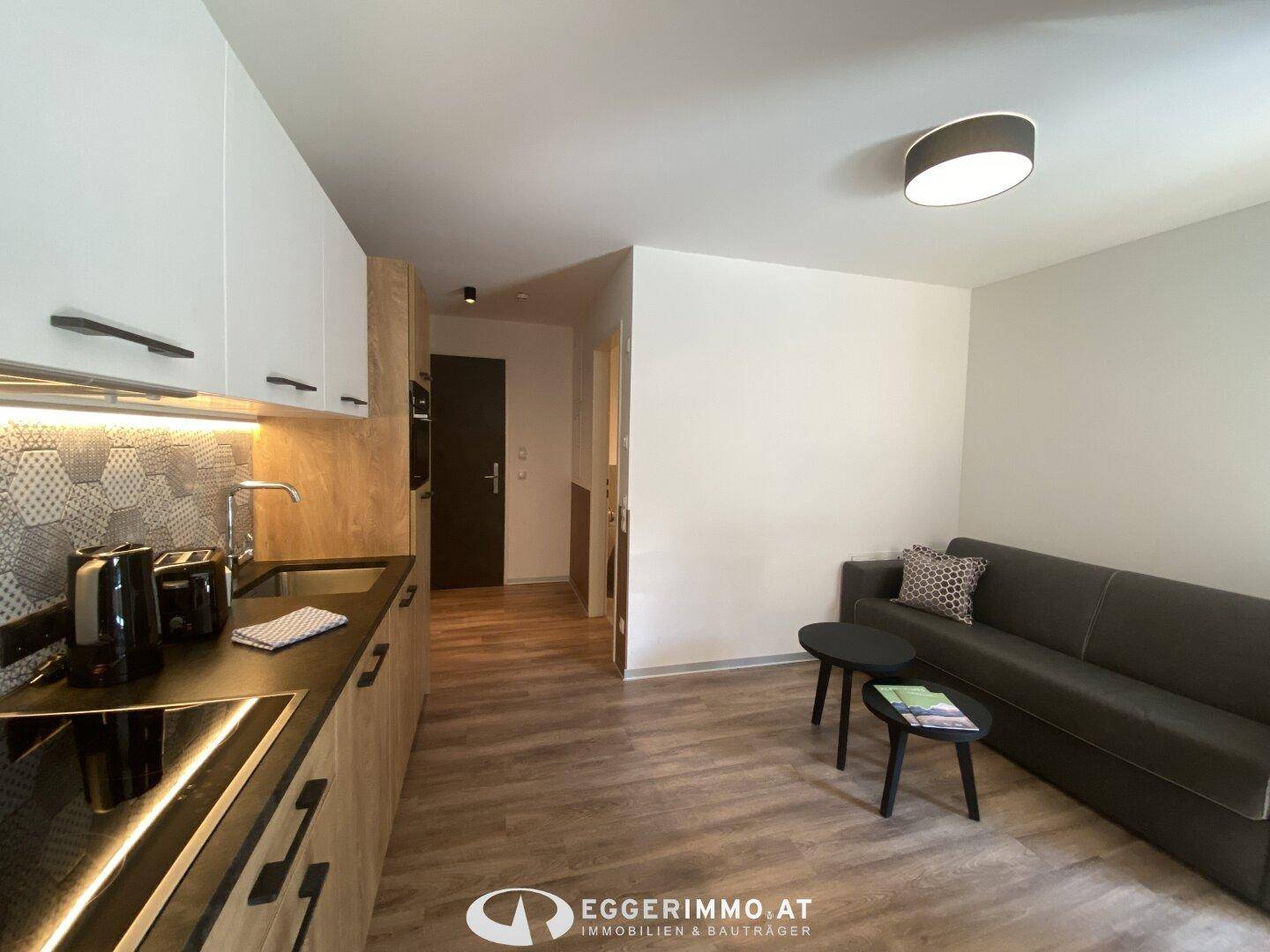 Offener Wohnbereich mit integrierter Küche und gemütlichem Sofa, ideal für entspannte Abende.