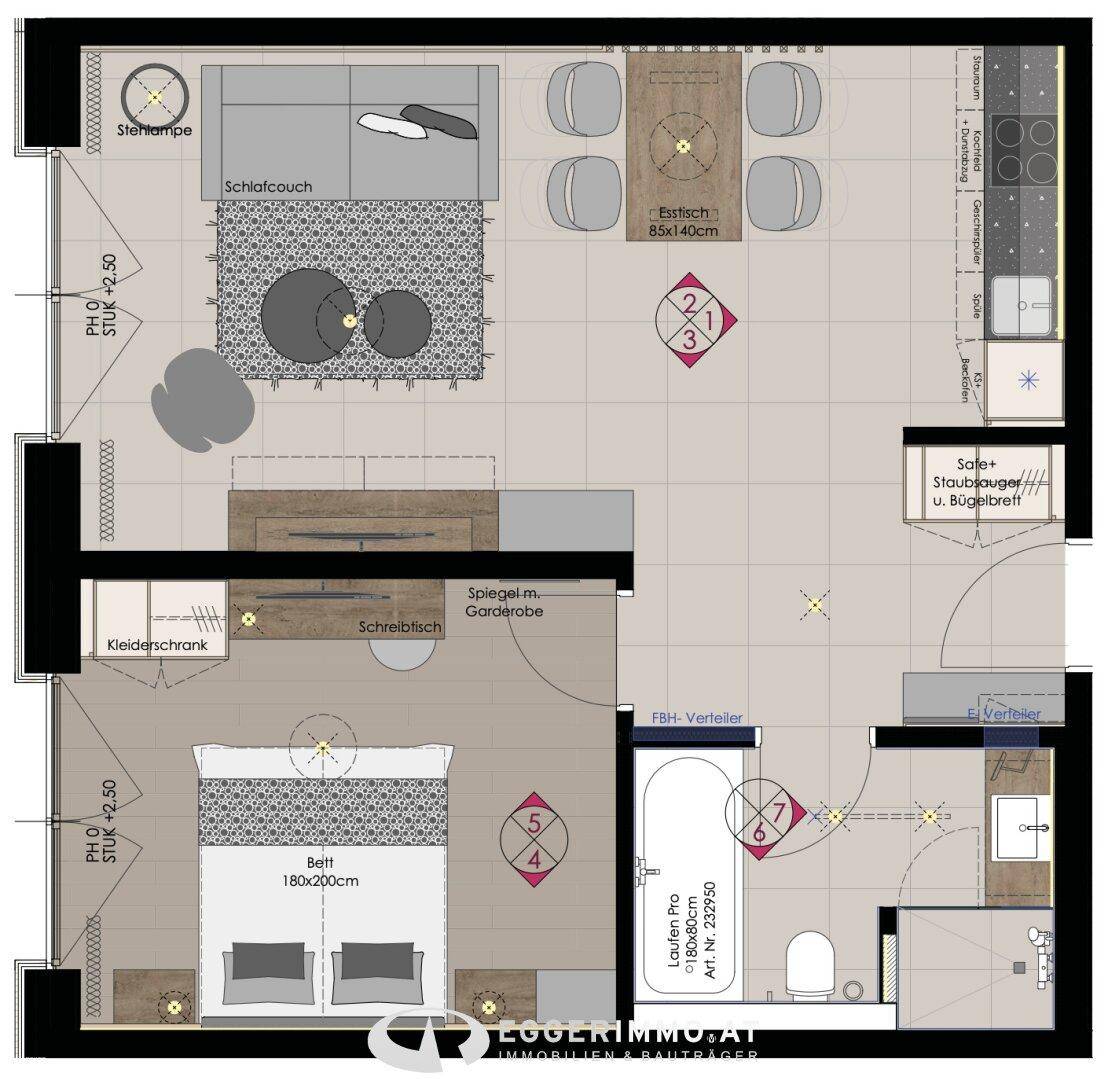 Detaillierter Grundriss einer Wohnung mit Schlafzimmer, Wohnbereich und Badezimmer.