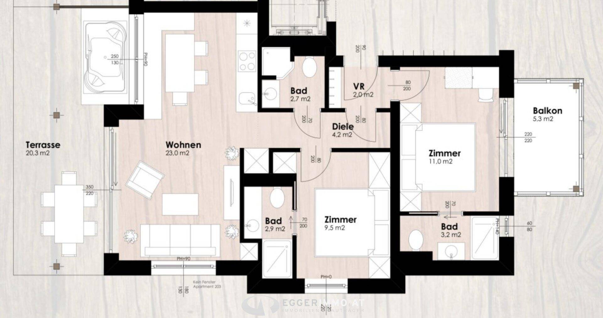 Detaillierter Grundriss mit Terrasse, Balkon und mehreren Bädern auf 125m² Wohnfläche.