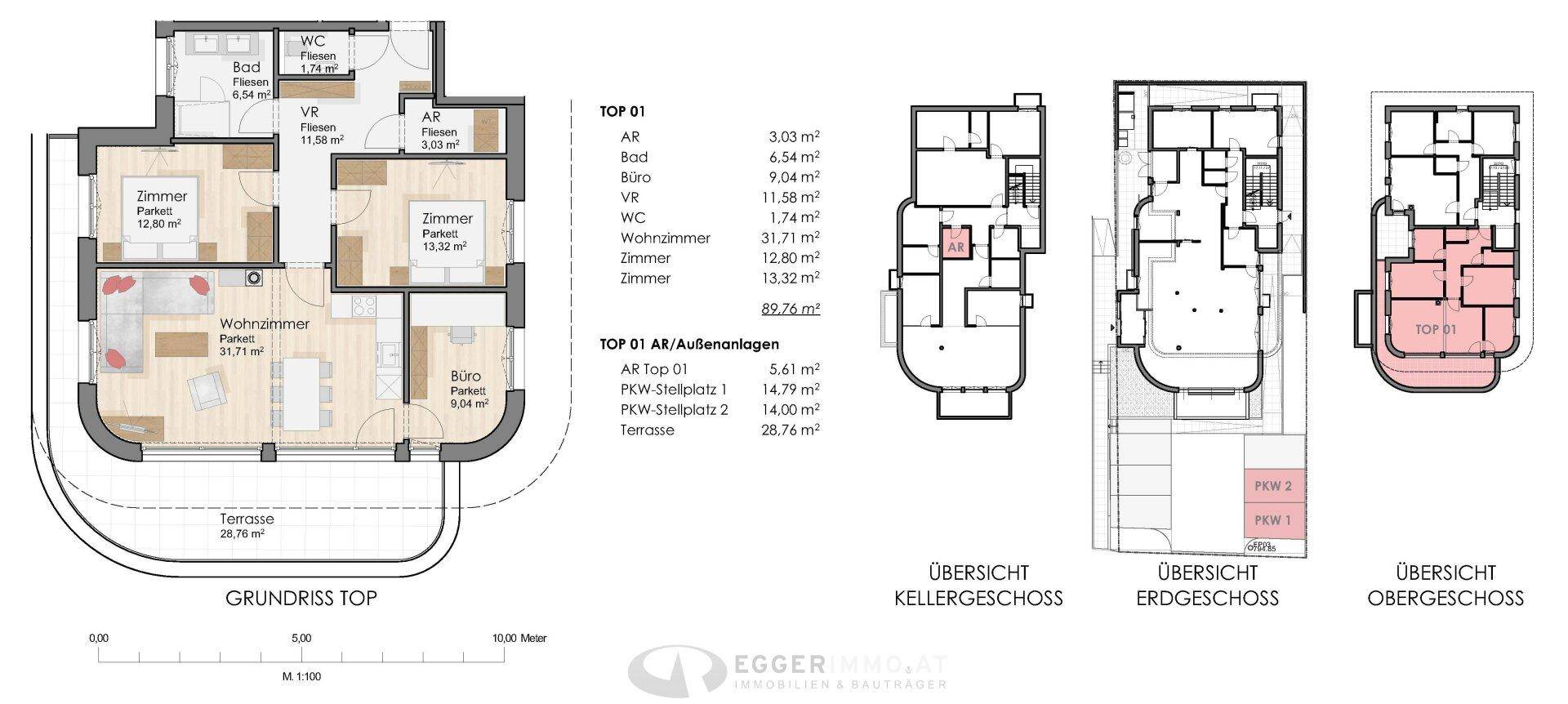 Detaillierter Grundriss der Wohnung mit Raumaufteilung, Terrasse und Kellergeschossübersicht.
