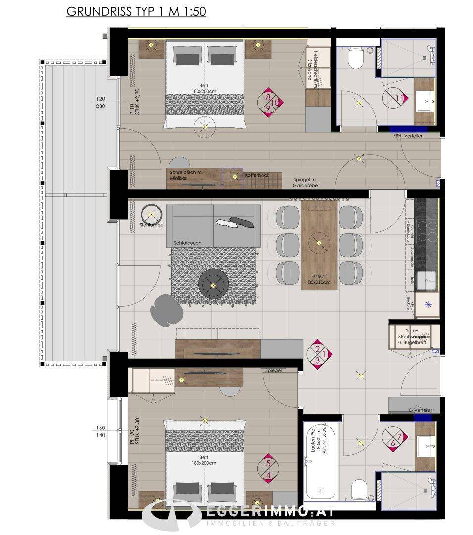 Grundriss Typ 1 M 1:50 zeigt eine Wohnung mit zwei Schlafzimmern und offenem Wohnbereich.